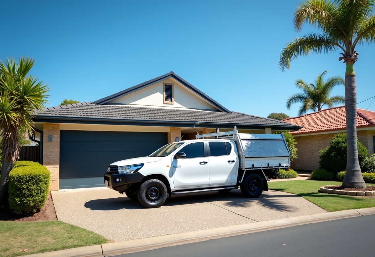 Technician ute in a driveway with a new garage door — Southport